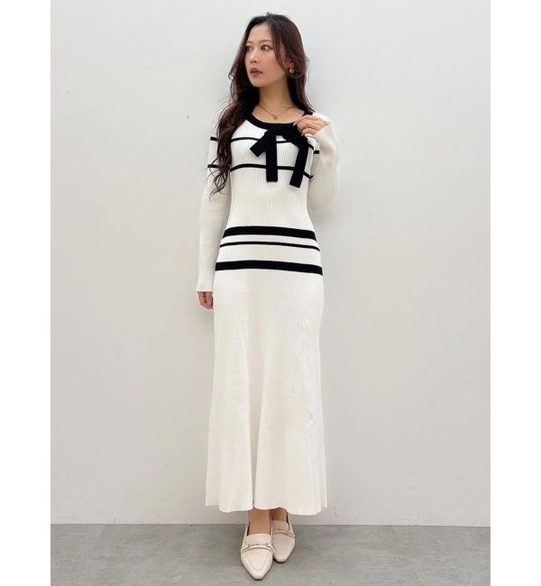 MERCURYDUO「バイカラーリボンリブニットワンピース」|ワンピース|