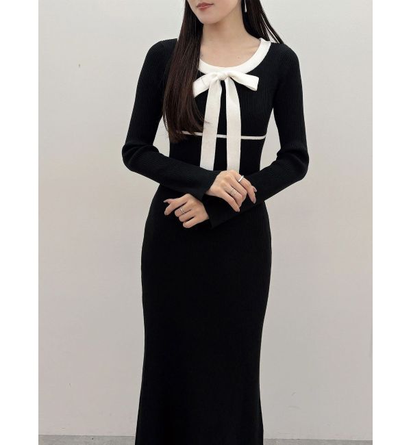 MERCURYDUO「バイカラーリボンリブニットワンピース」|ワンピース|