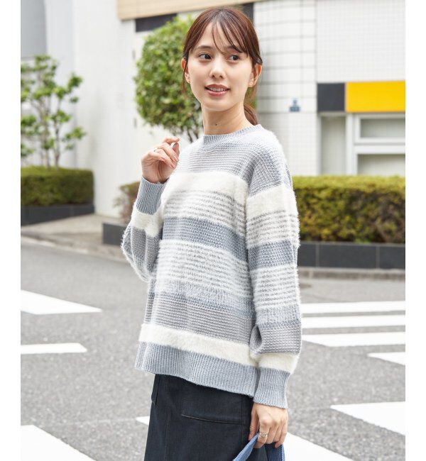 ikka「フェザー切り替えボーダーニットプルオーバー」|プルオーバー|ライトブルー