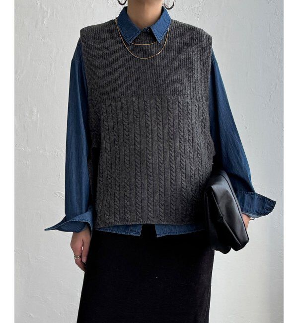 Lbc with Life「ウール混サイドリボンケーブルベスト」|ニット・セーター|チャコール