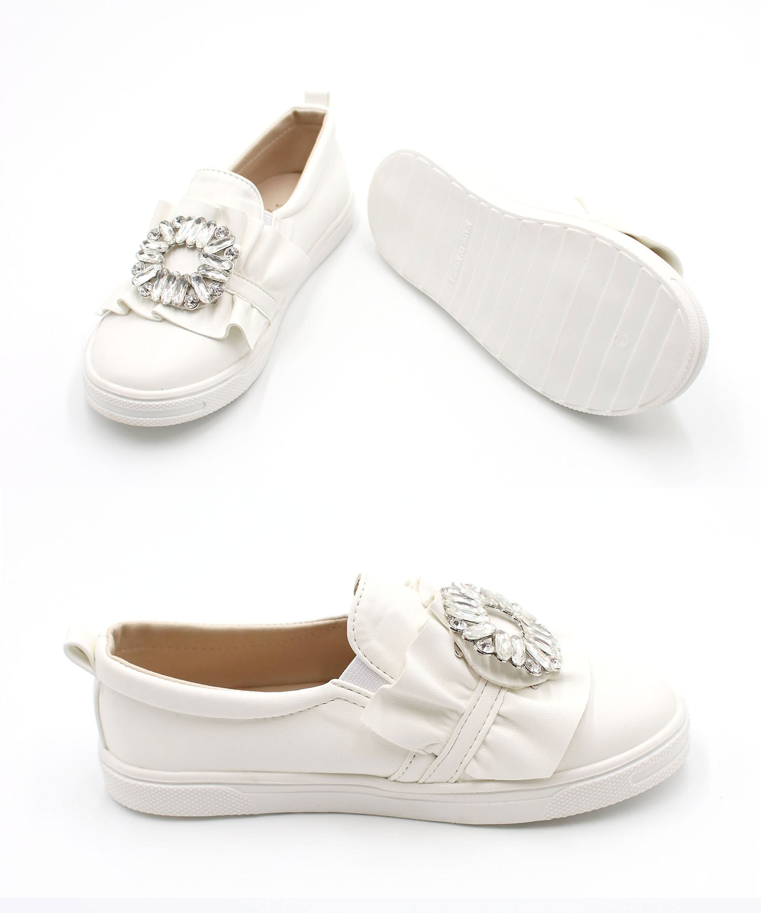 BACKYARD FAMILY「キッズ スリッポン 女の子 通販 紐なしスニーカー 57062202 白 ホワイト ビジュー」|スリッポン|