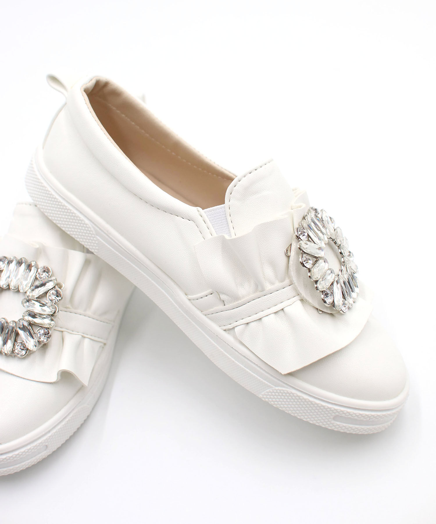 BACKYARD FAMILY「キッズ スリッポン 女の子 通販 紐なしスニーカー 57062202 白 ホワイト ビジュー」|スリッポン|