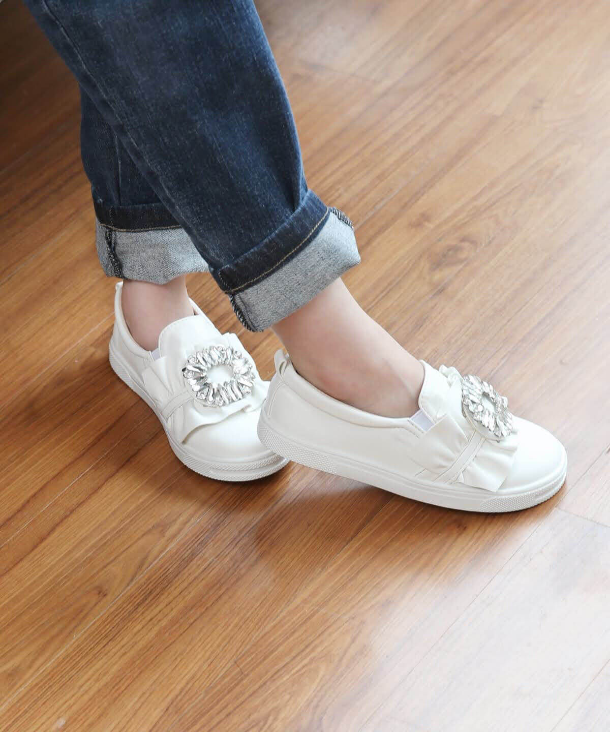 BACKYARD FAMILY「キッズ スリッポン 女の子 通販 紐なしスニーカー 57062202 白 ホワイト ビジュー」|スリッポン|