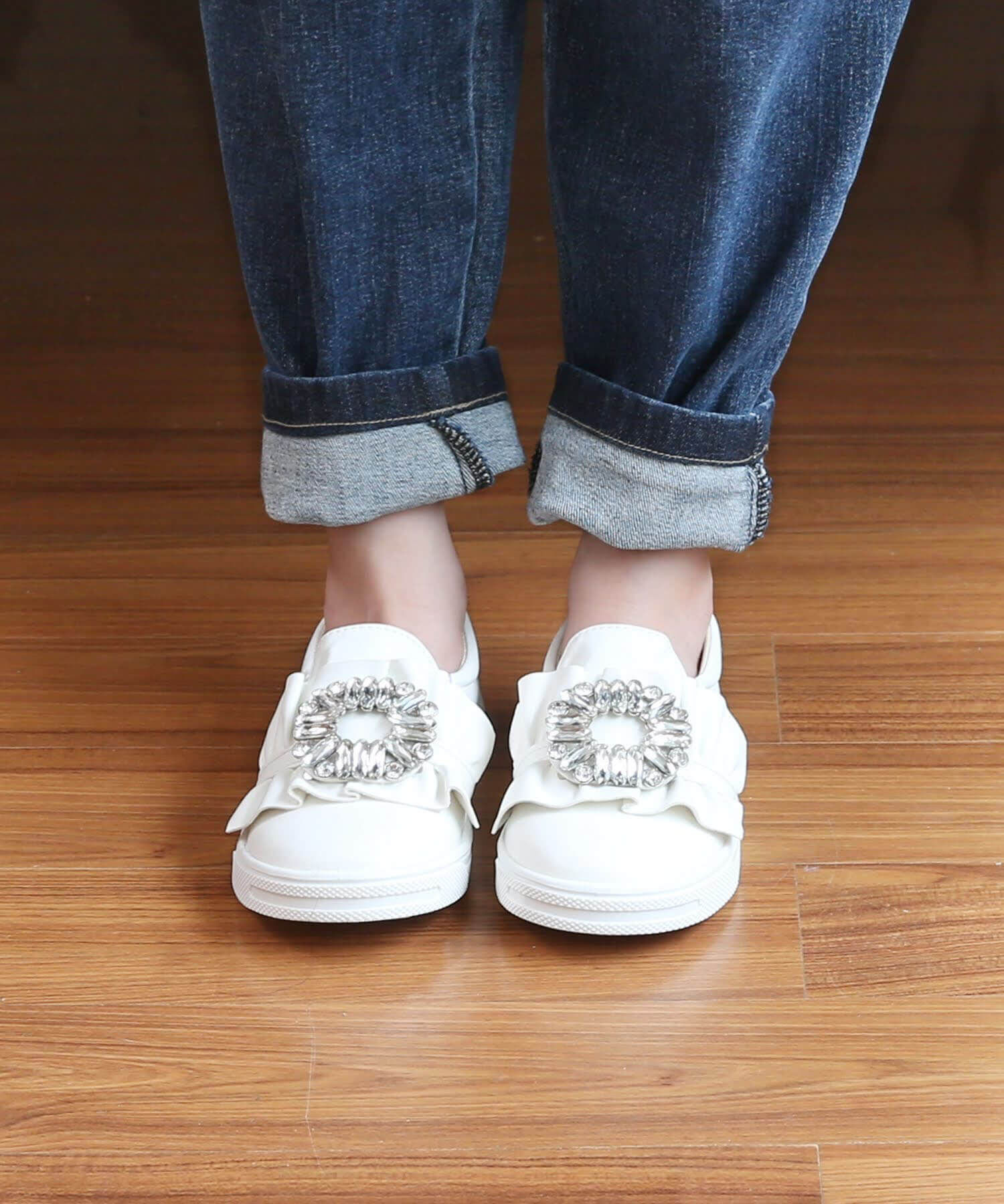 BACKYARD FAMILY「キッズ スリッポン 女の子 通販 紐なしスニーカー 57062202 白 ホワイト ビジュー」|スリッポン|