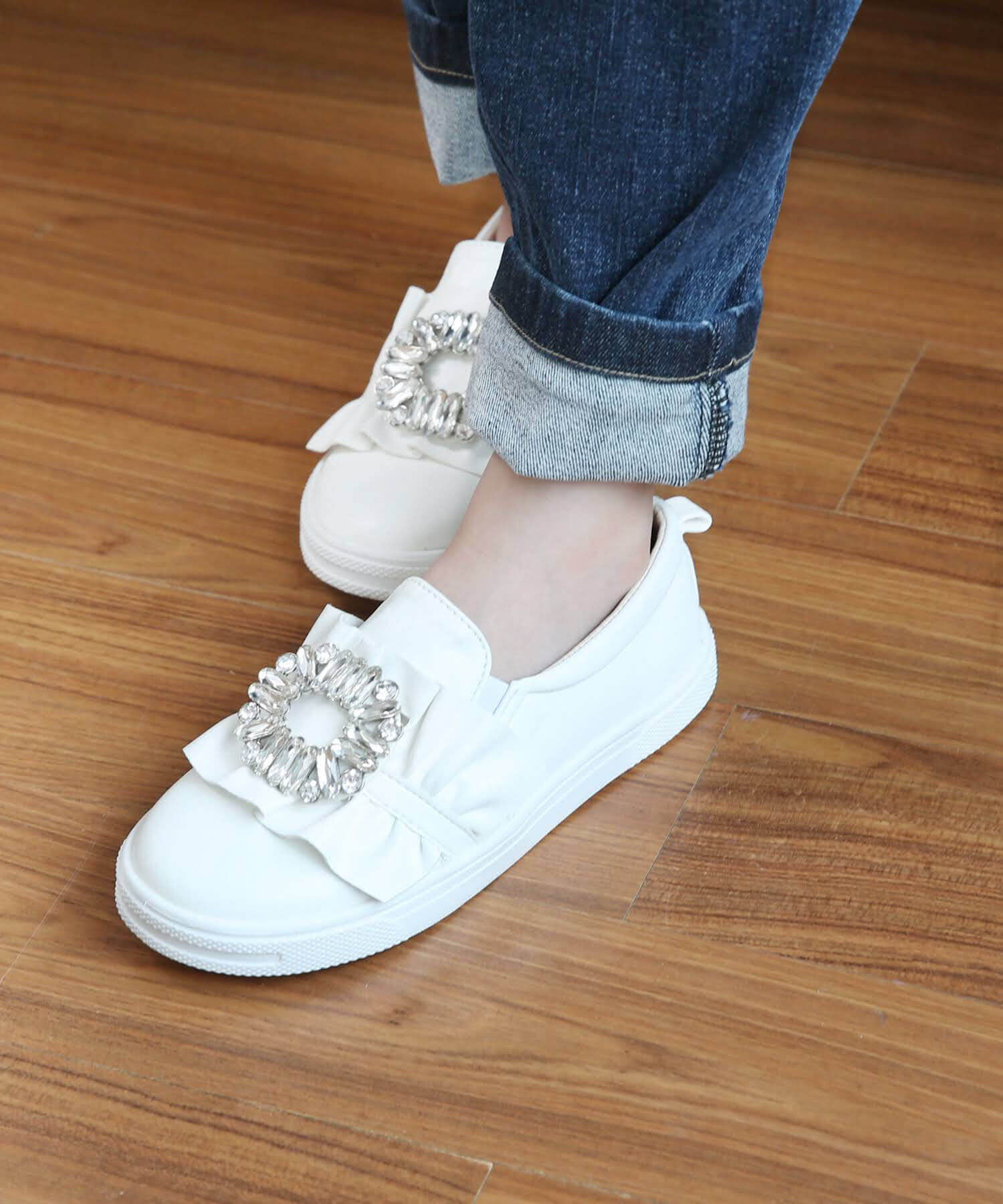 BACKYARD FAMILY「キッズ スリッポン 女の子 通販 紐なしスニーカー 57062202 白 ホワイト ビジュー」|スリッポン|