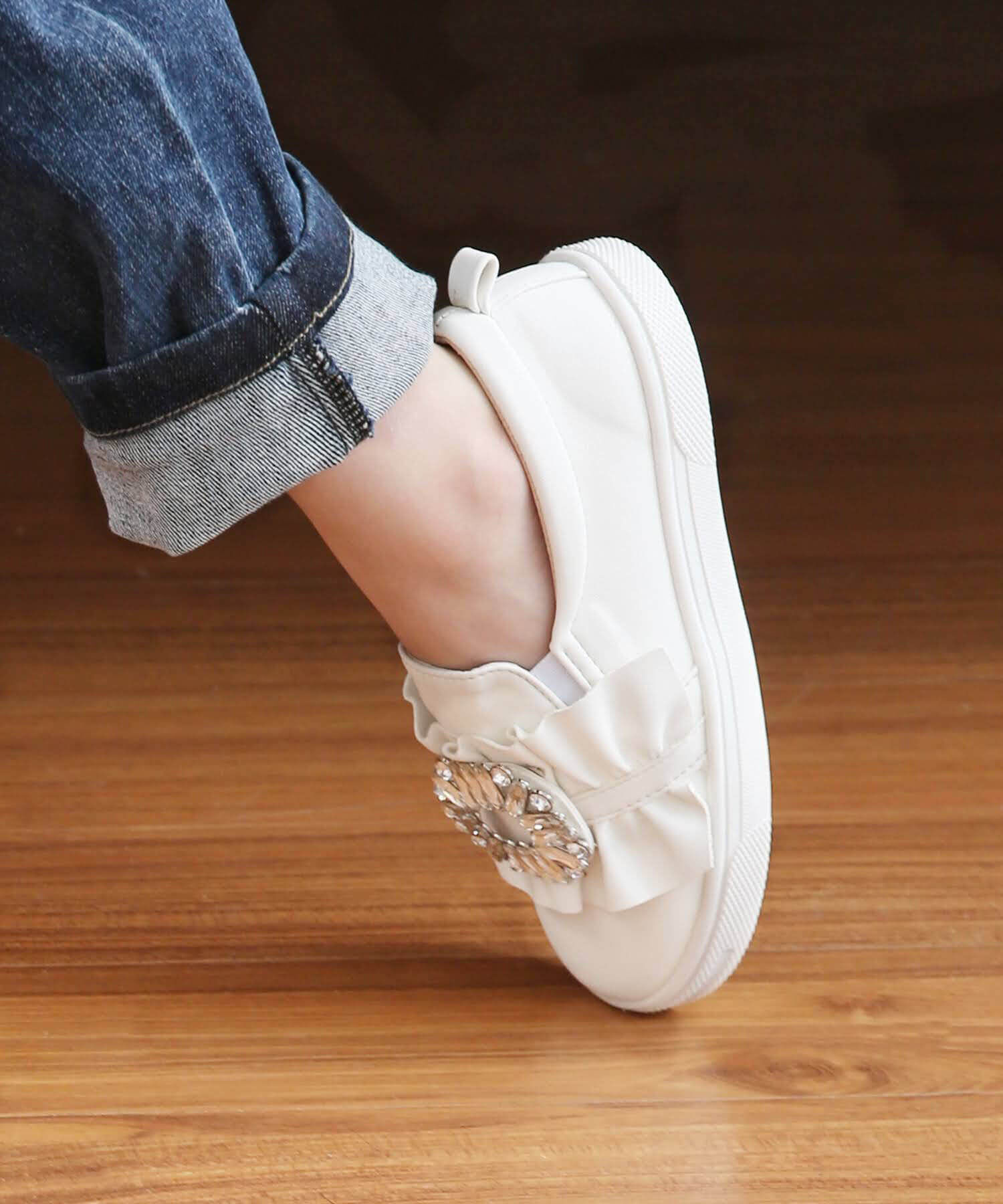 BACKYARD FAMILY「キッズ スリッポン 女の子 通販 紐なしスニーカー 57062202 白 ホワイト ビジュー」|スリッポン|