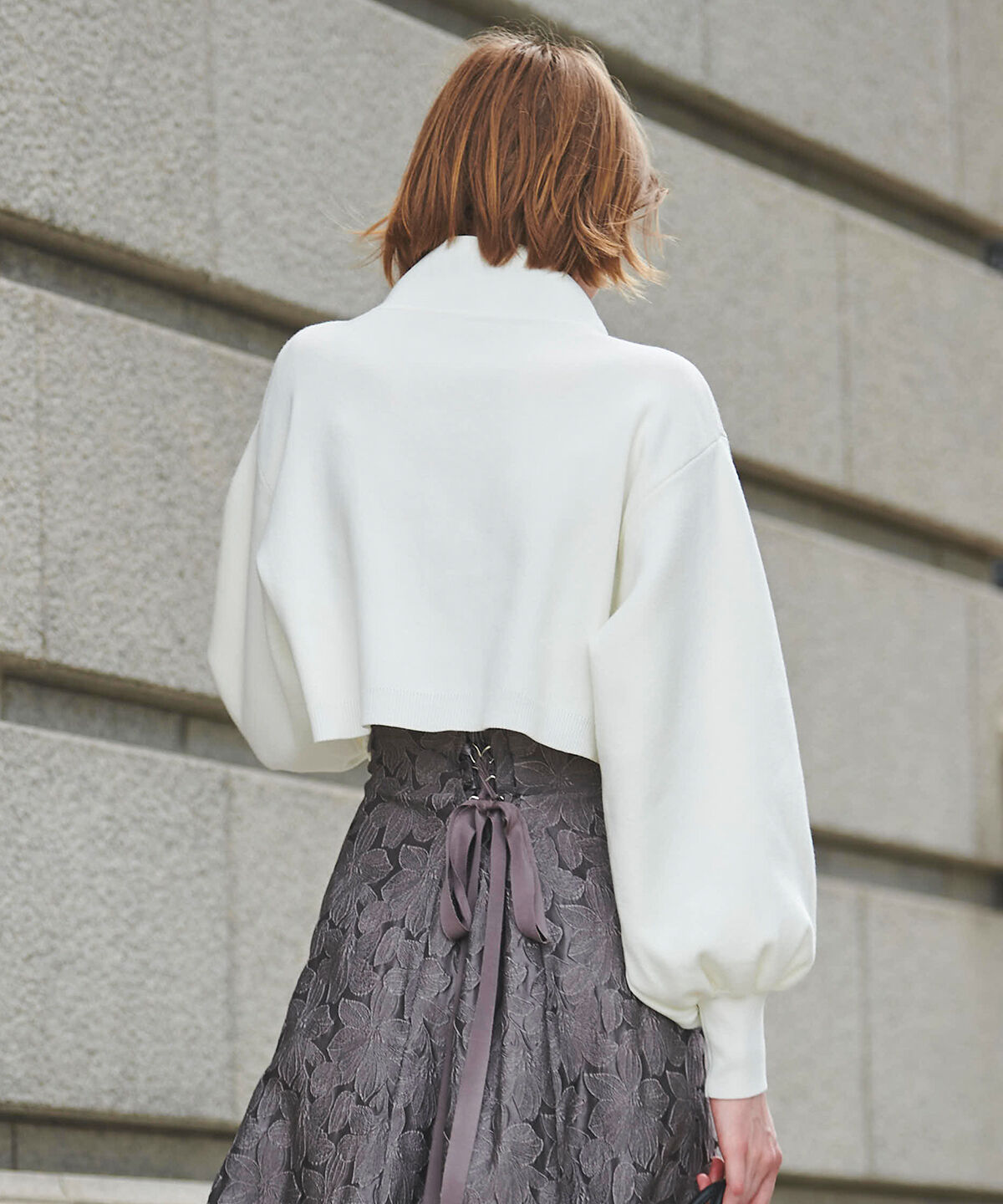 アンドクチュール「クロップトスタンドネックニットジャケット」|ノーカラージャケット|