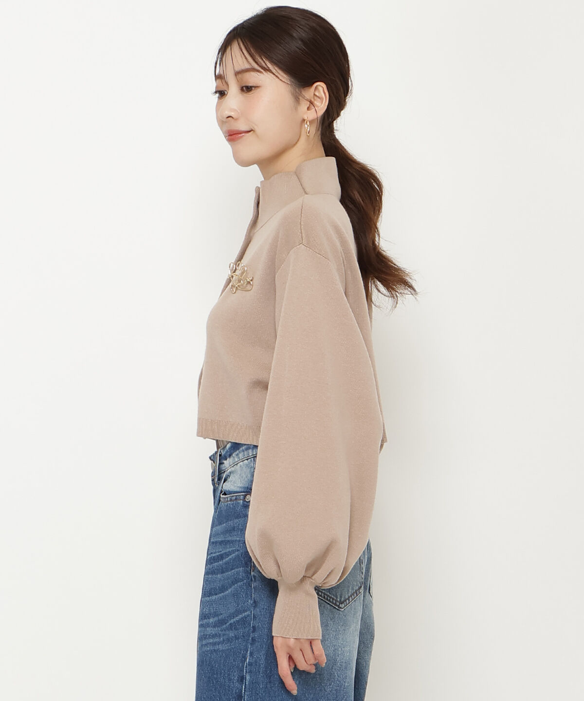 アンドクチュール「クロップトスタンドネックニットジャケット」|ノーカラージャケット|