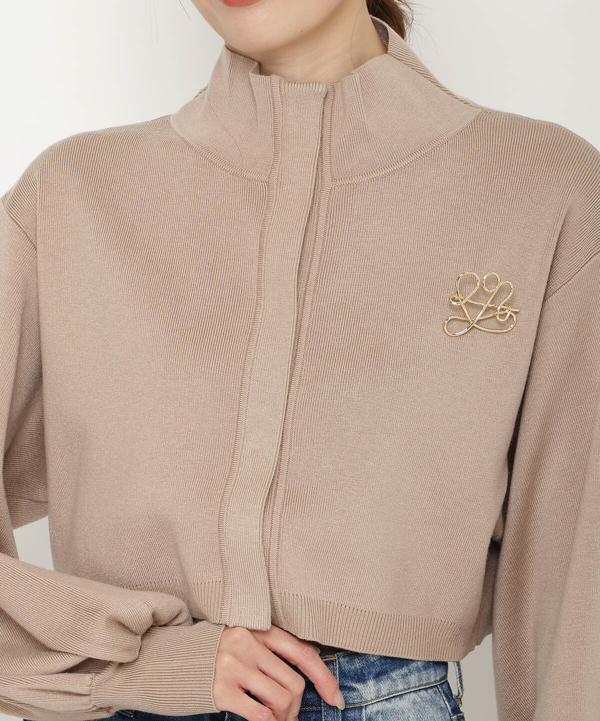 アンドクチュール「クロップトスタンドネックニットジャケット」|ノーカラージャケット|