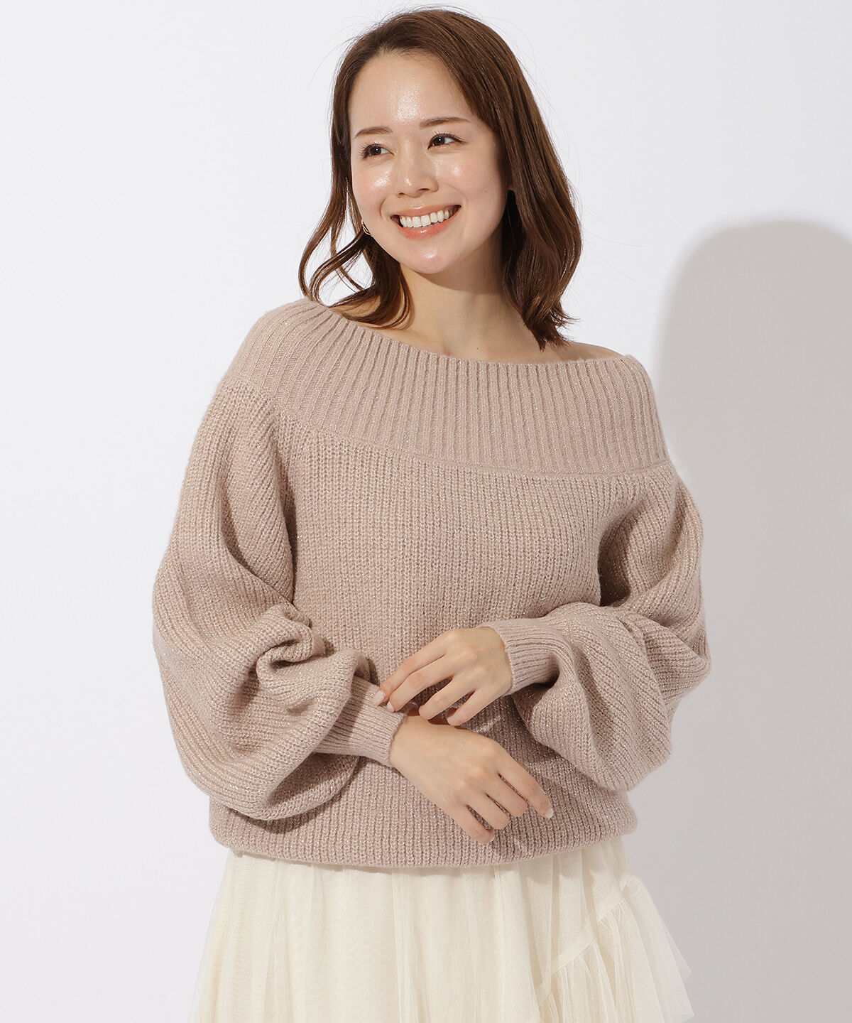 アンドクチュール「モヘアライクオフショルプルオーバー」|ニット・セーター|ピンク