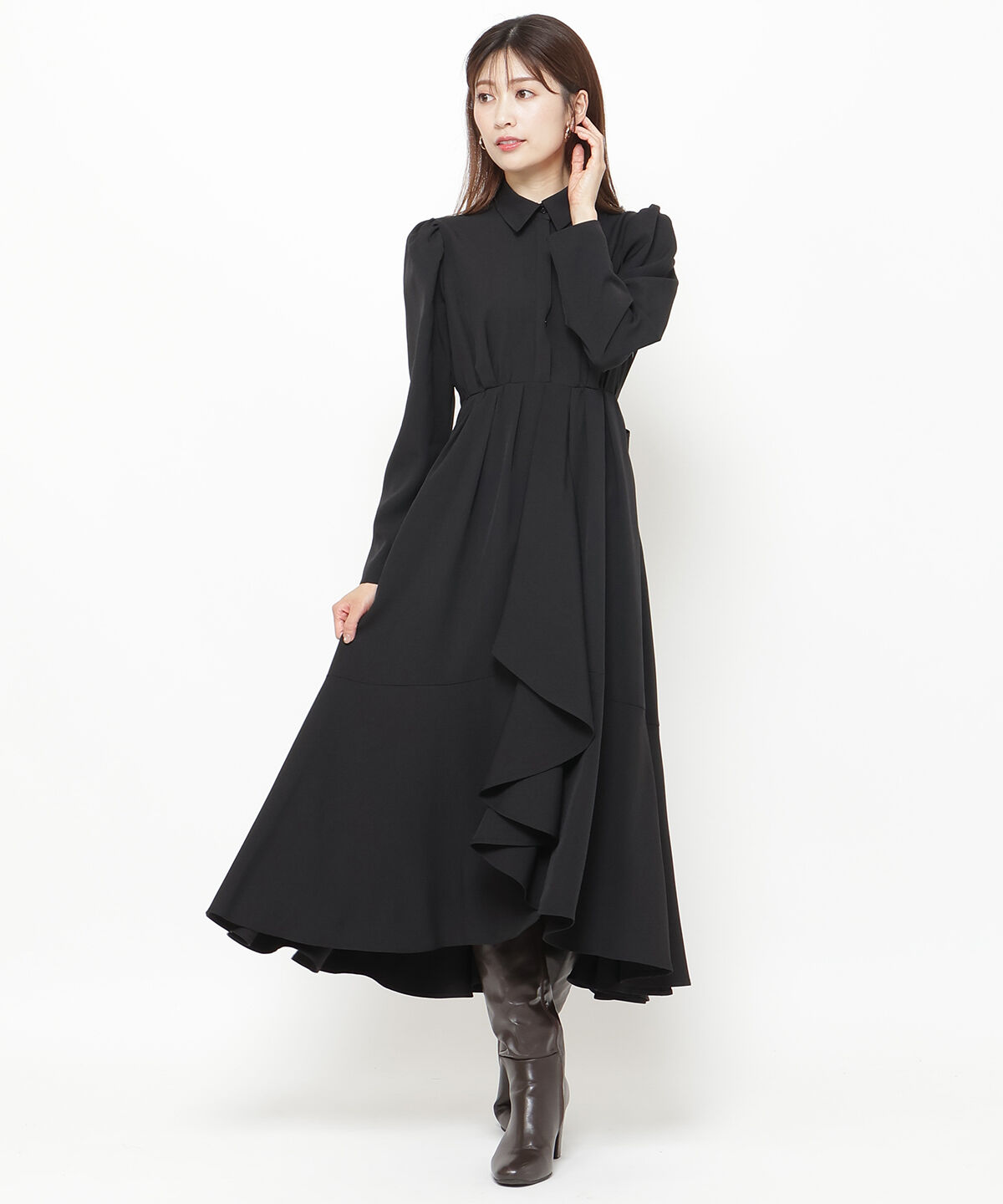 アンドクチュール「アシメラッフルフリルバックリボンワンピース」|ワンピース|ブラック