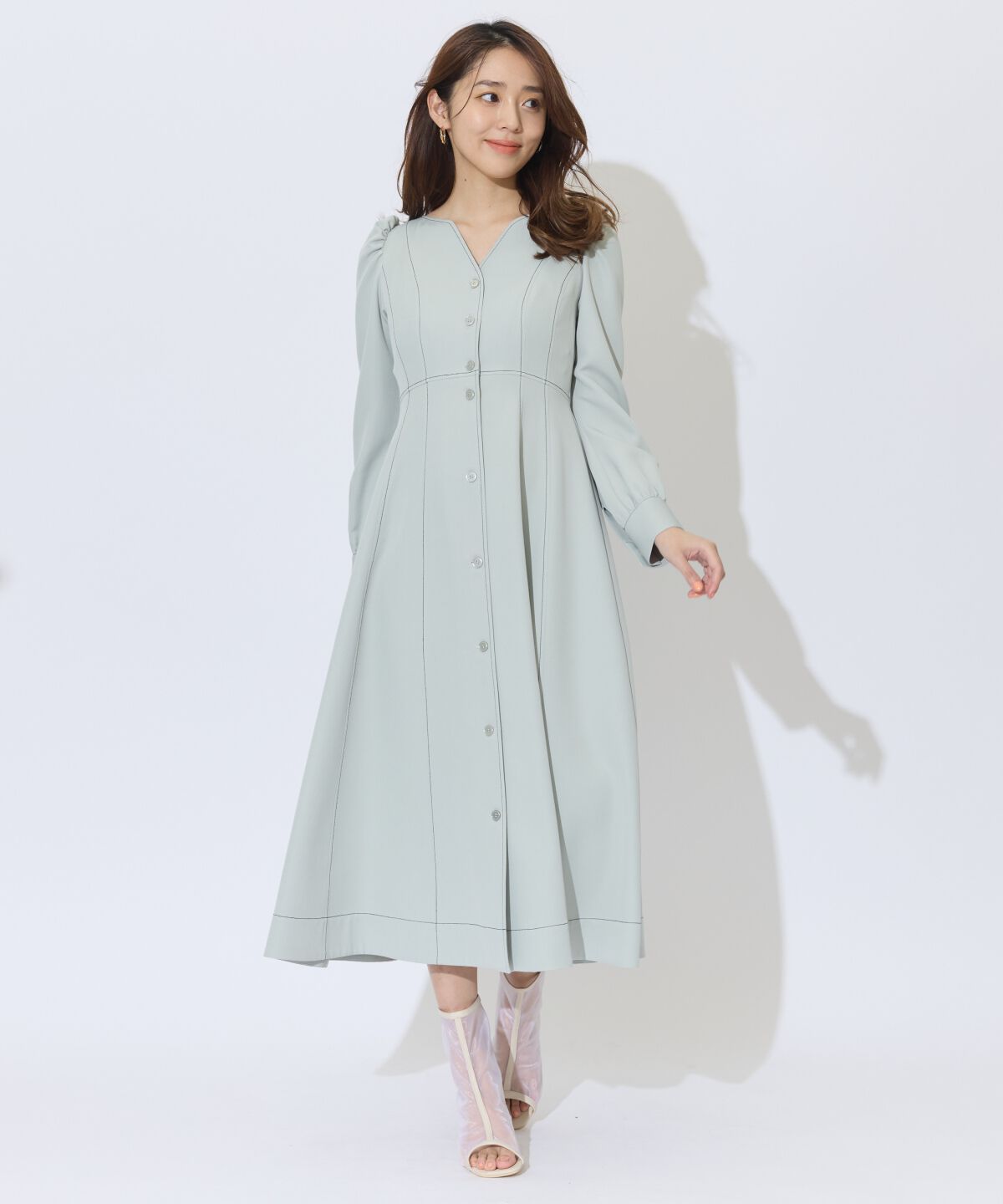 アンドクチュール「デコルテあき配色ステッチワンピース」|ワンピース|ミント