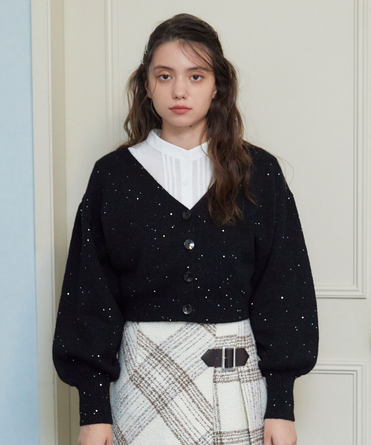 REDYAZEL「ラメスパンコールショートカーディガン」|カーディガン|