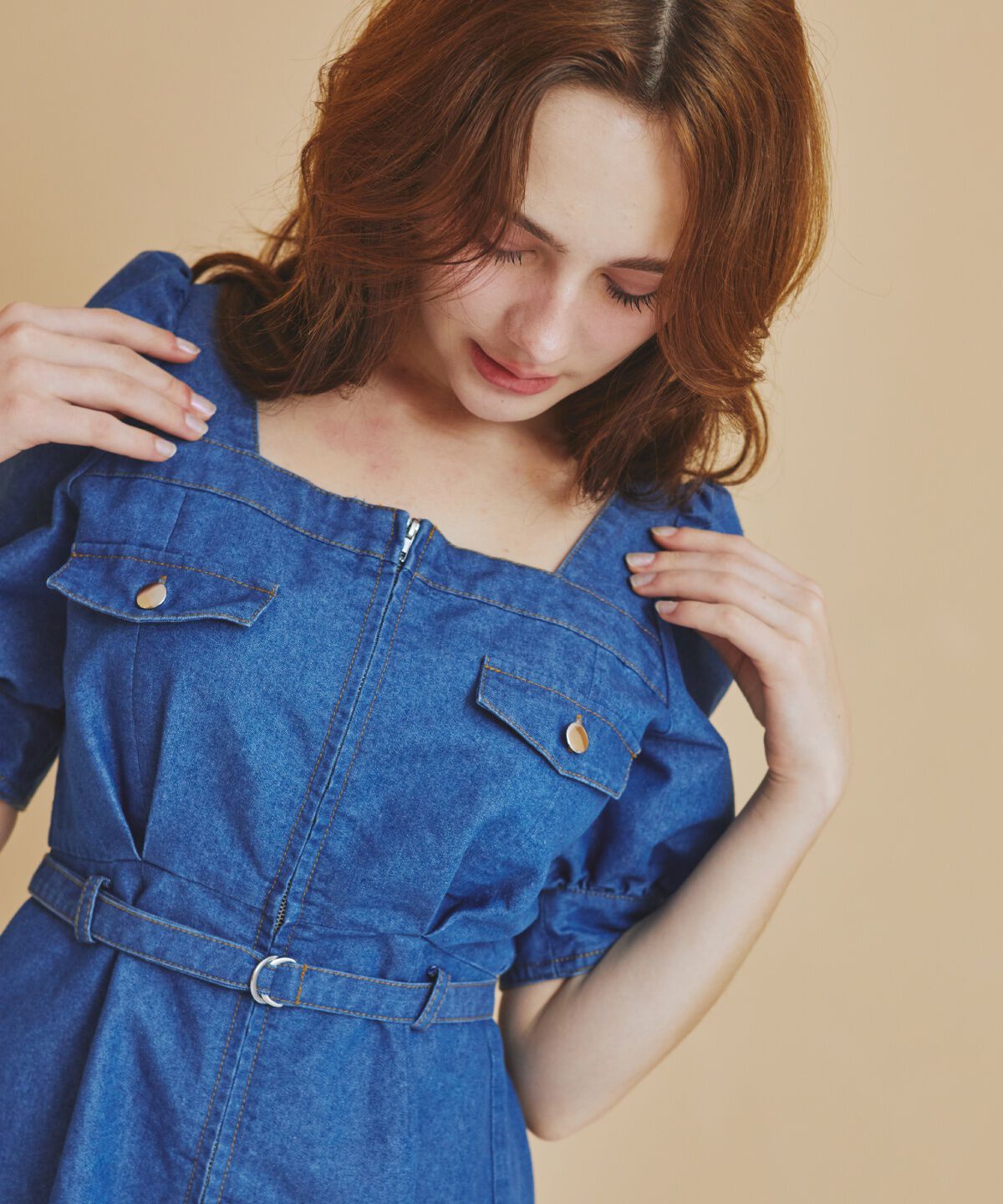 REDYAZEL「フロントジップスクエアネックフレアワンピース」|ワンピース|