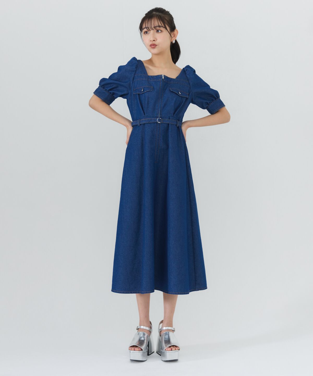 REDYAZEL「フロントジップスクエアネックフレアワンピース」|ワンピース|