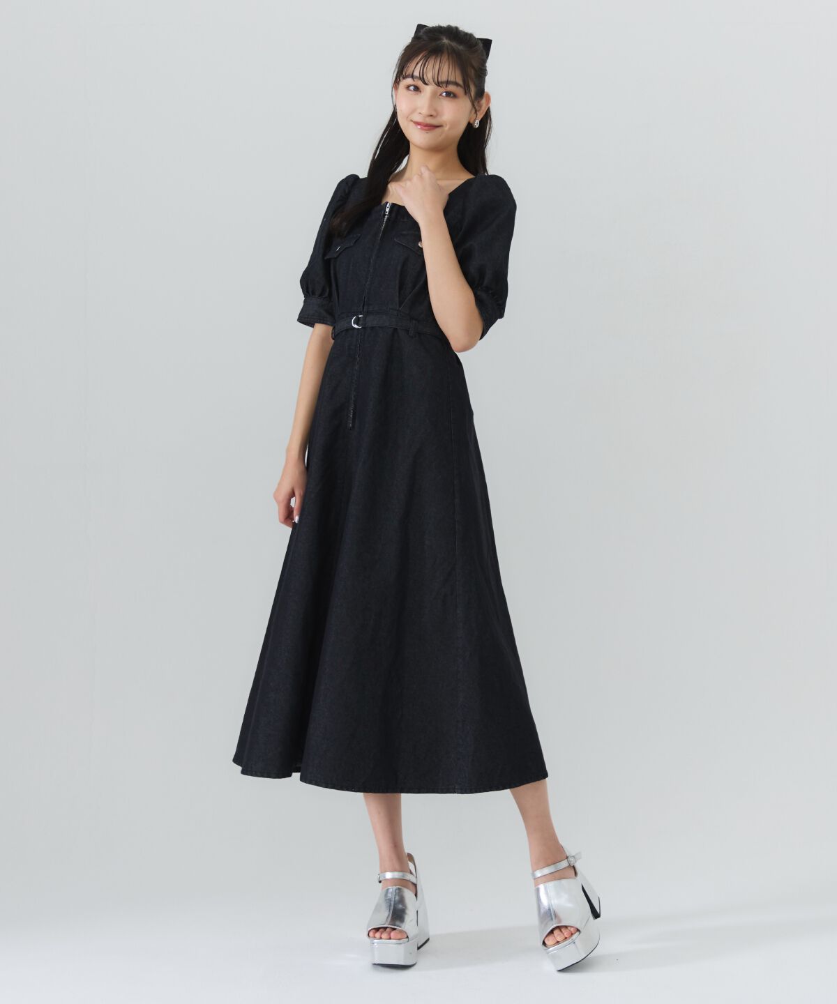 REDYAZEL「フロントジップスクエアネックフレアワンピース」|ワンピース|