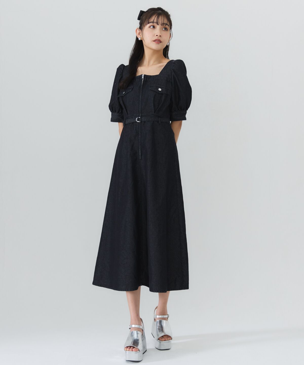 REDYAZEL「フロントジップスクエアネックフレアワンピース」|ワンピース|