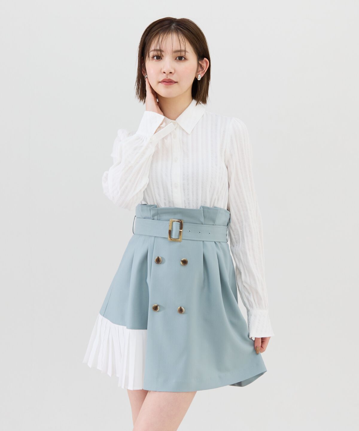 REDYAZEL「プリーツアシメミニスカート」|フレア|グリーン