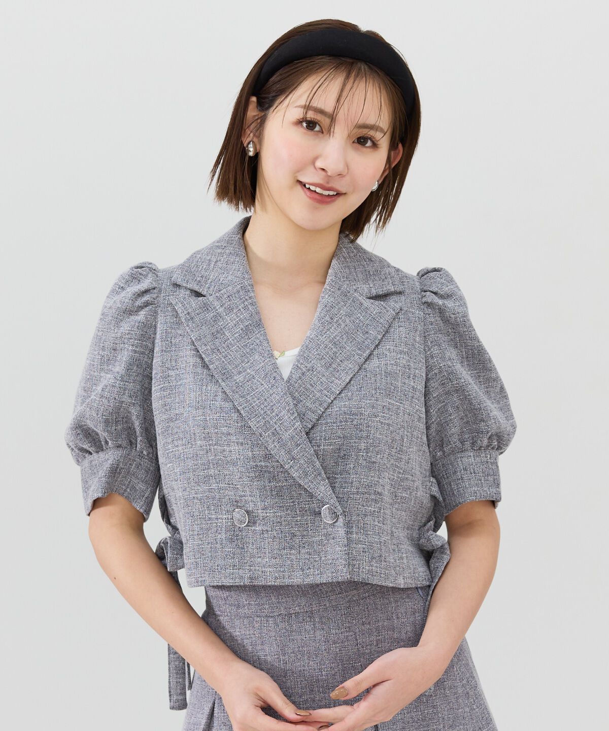 REDYAZEL「サイドレースアップ半袖ショートジャケット」|テーラードジャケット|ネイビー