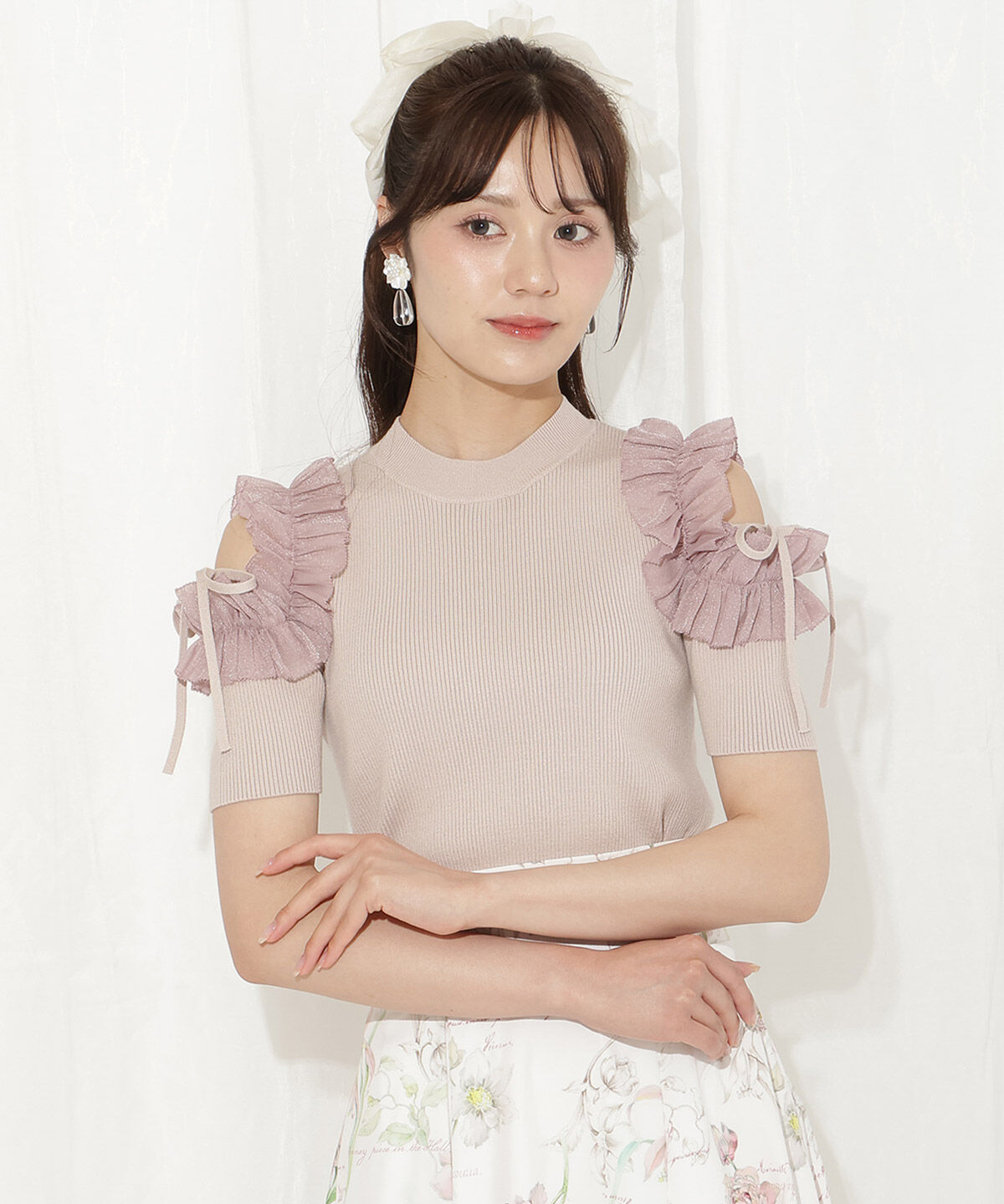WILLSELECTION「フリルショルダーハーフスリーブニット」|ニット・セーター|ピンク