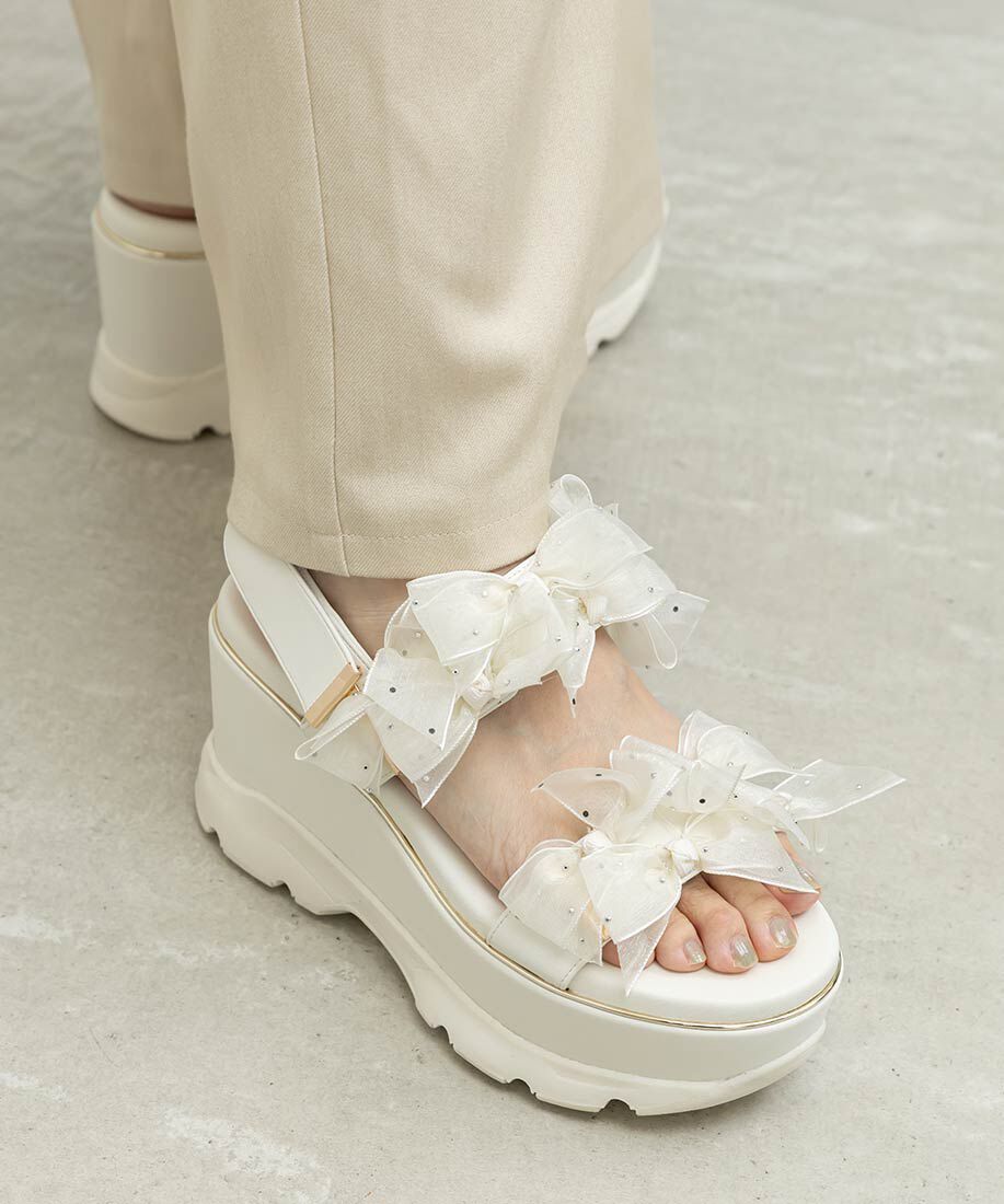  「シアーミニリボンウェッジスポーツサンダル」|サンダル|アイボリー