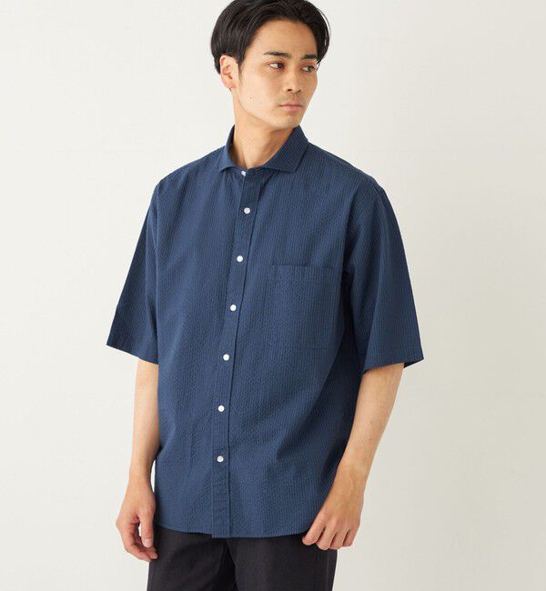 SHIPS Colors 「SHIPS Colors:〈洗濯機可能〉リップル プリント ショートスリーブ シャツ」|シャツ・ブラウス|ネイビー