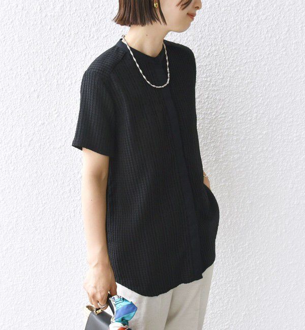 SHIPS for women「〈手洗い可能〉ジャカード バンドカラー ショート スリーブ ブラウス」|シャツ・ブラウス|