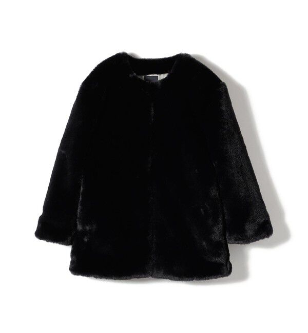 SHIPS for women「SHIPS Primary Navy Label:フェイク ファー ノーカラー ハーフ コート」|ノーカラーコート|ネイビー