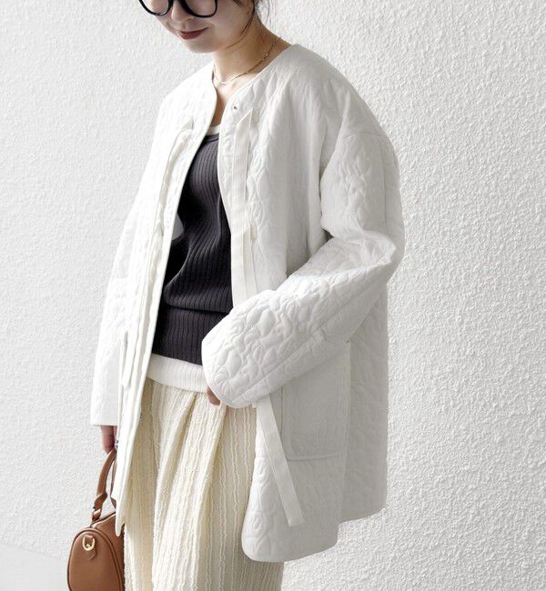 SHIPS any「SHIPS any: キルティング ステッチ ノーカラー ミディ コート」|ノーカラーコート|オフホワイト