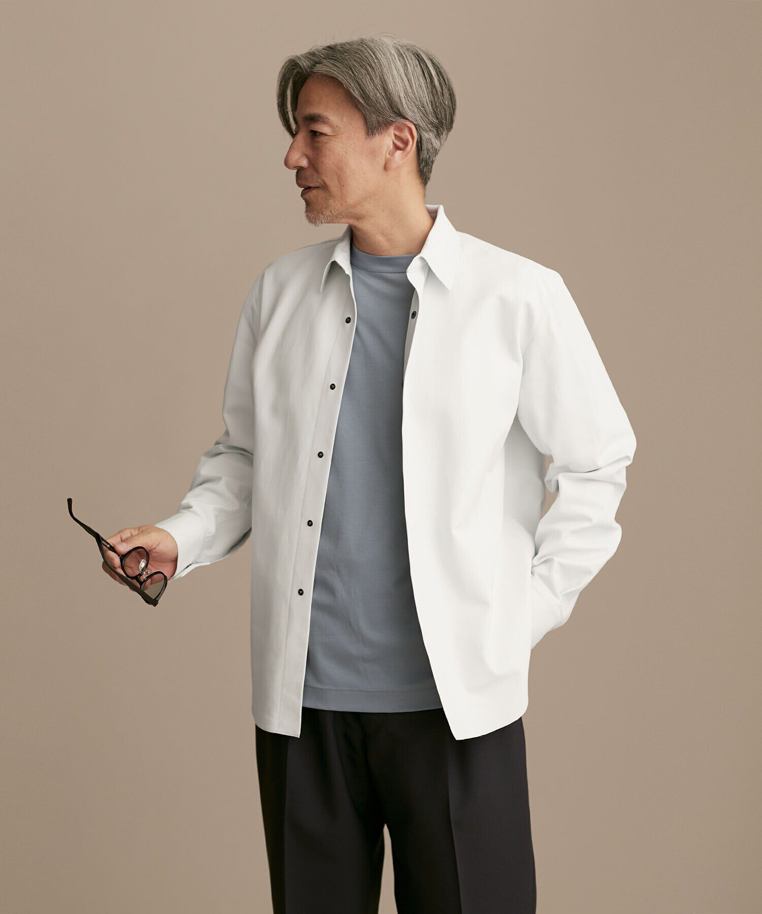 nano･universe「LB.01/レギュラーカラー ロングスリーブ レザーシャツ」|ライダースジャケット|ホワイト