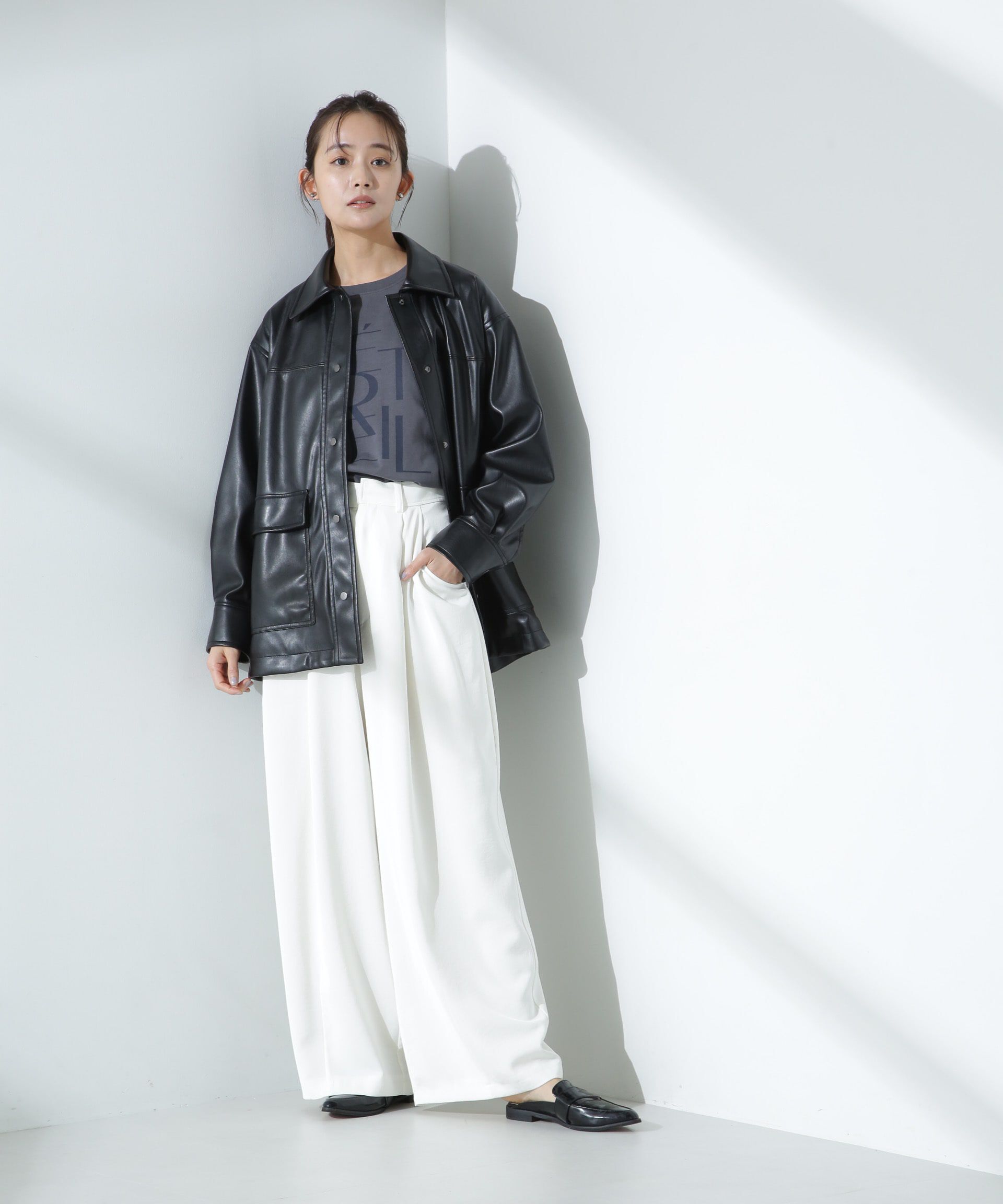 nano･universe「フェイクレザーシャツジャケット」|ブルゾン・スタジャン|