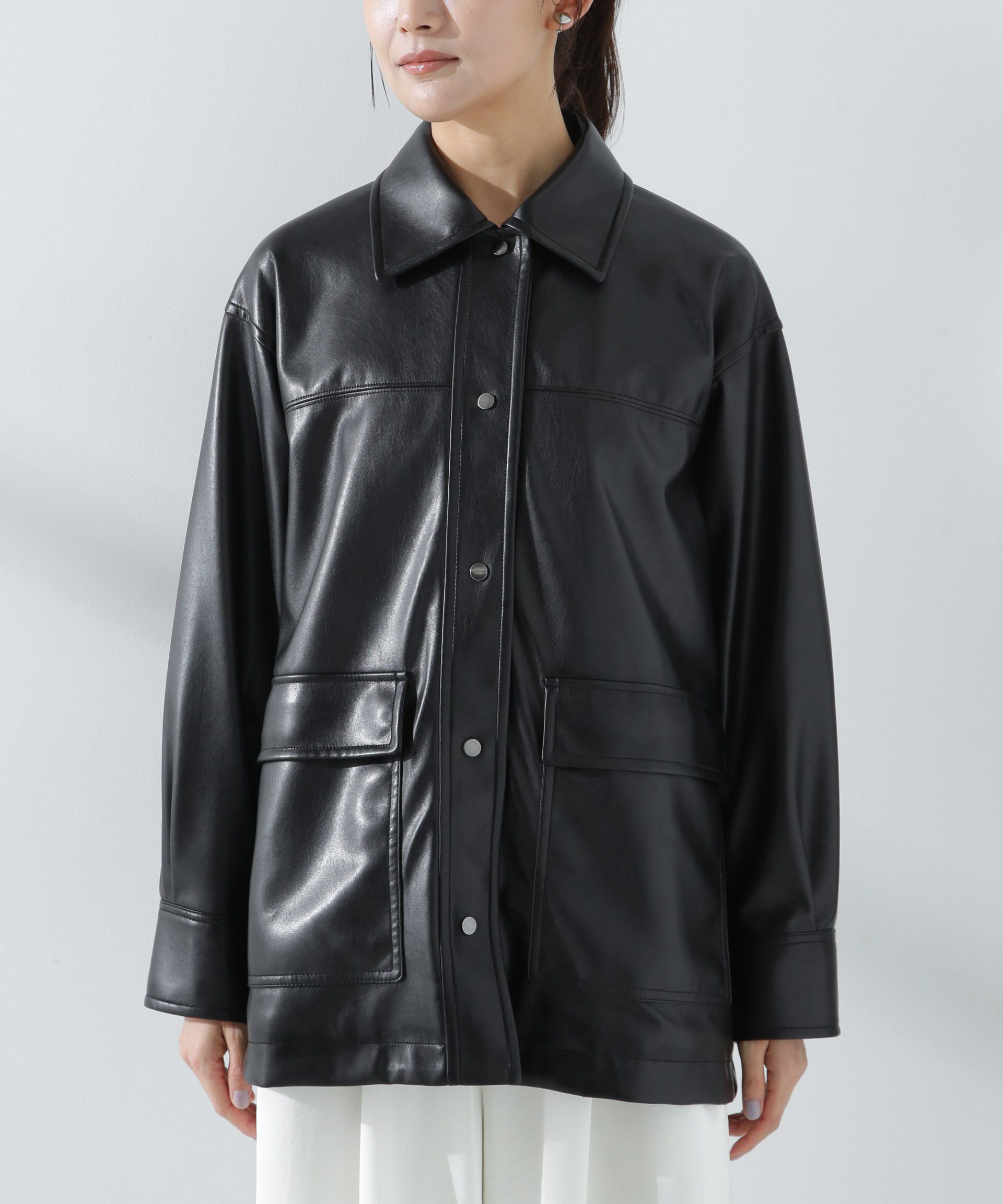 nano･universe「フェイクレザーシャツジャケット」|ブルゾン・スタジャン|