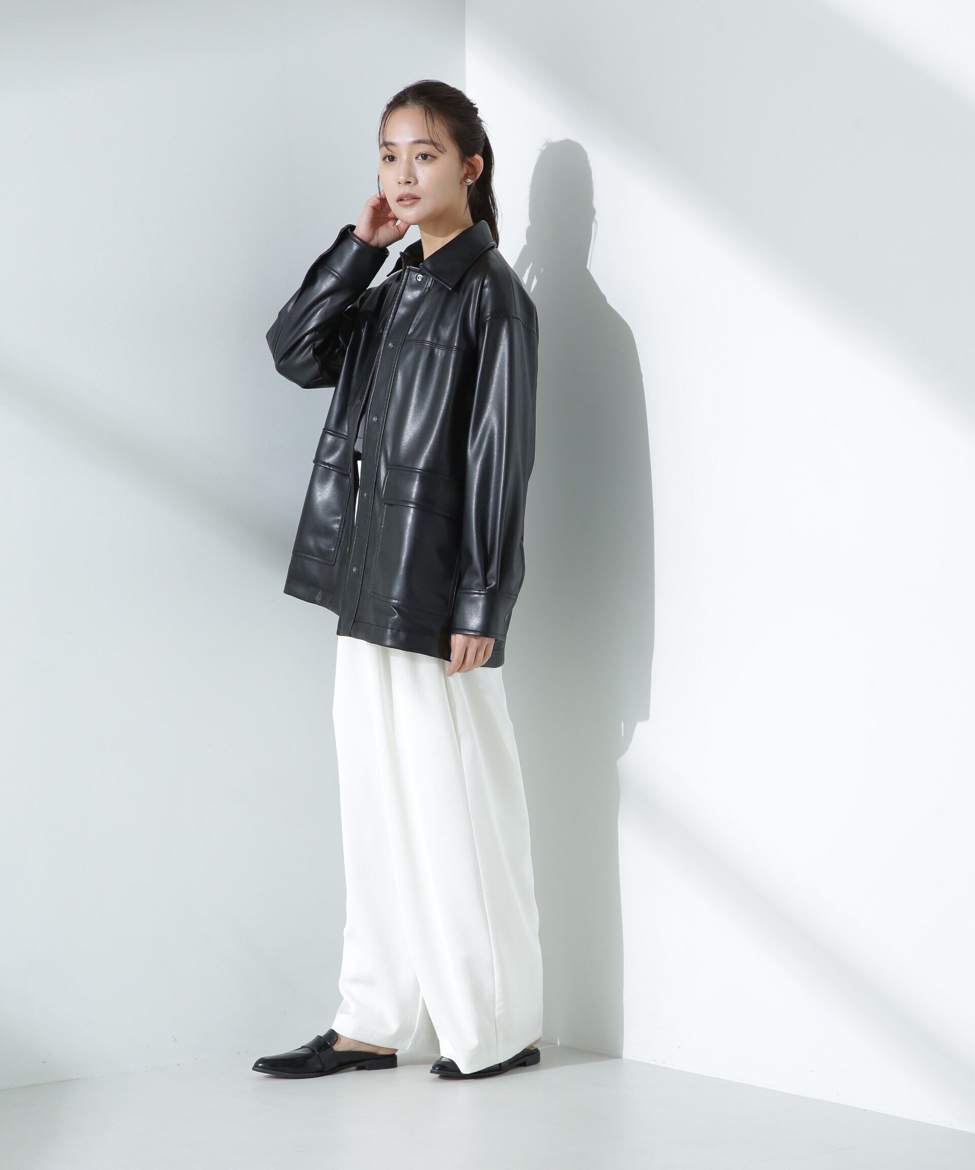 nano･universe「フェイクレザーシャツジャケット」|ブルゾン・スタジャン|