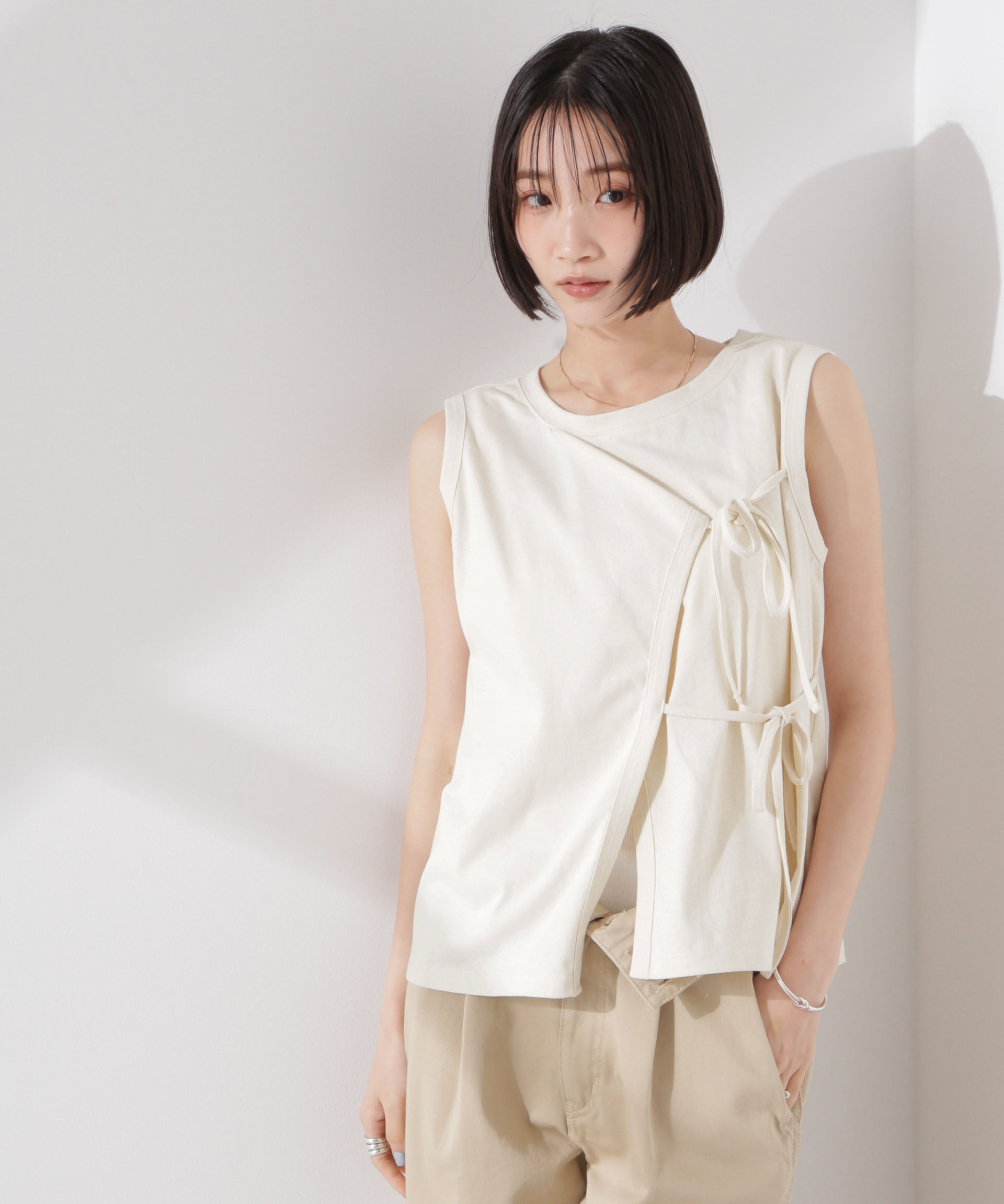 nano･universe「ドライタッチ天竺リボン結びディティールトップス」|Tシャツ・カットソー|ライトベージ 1