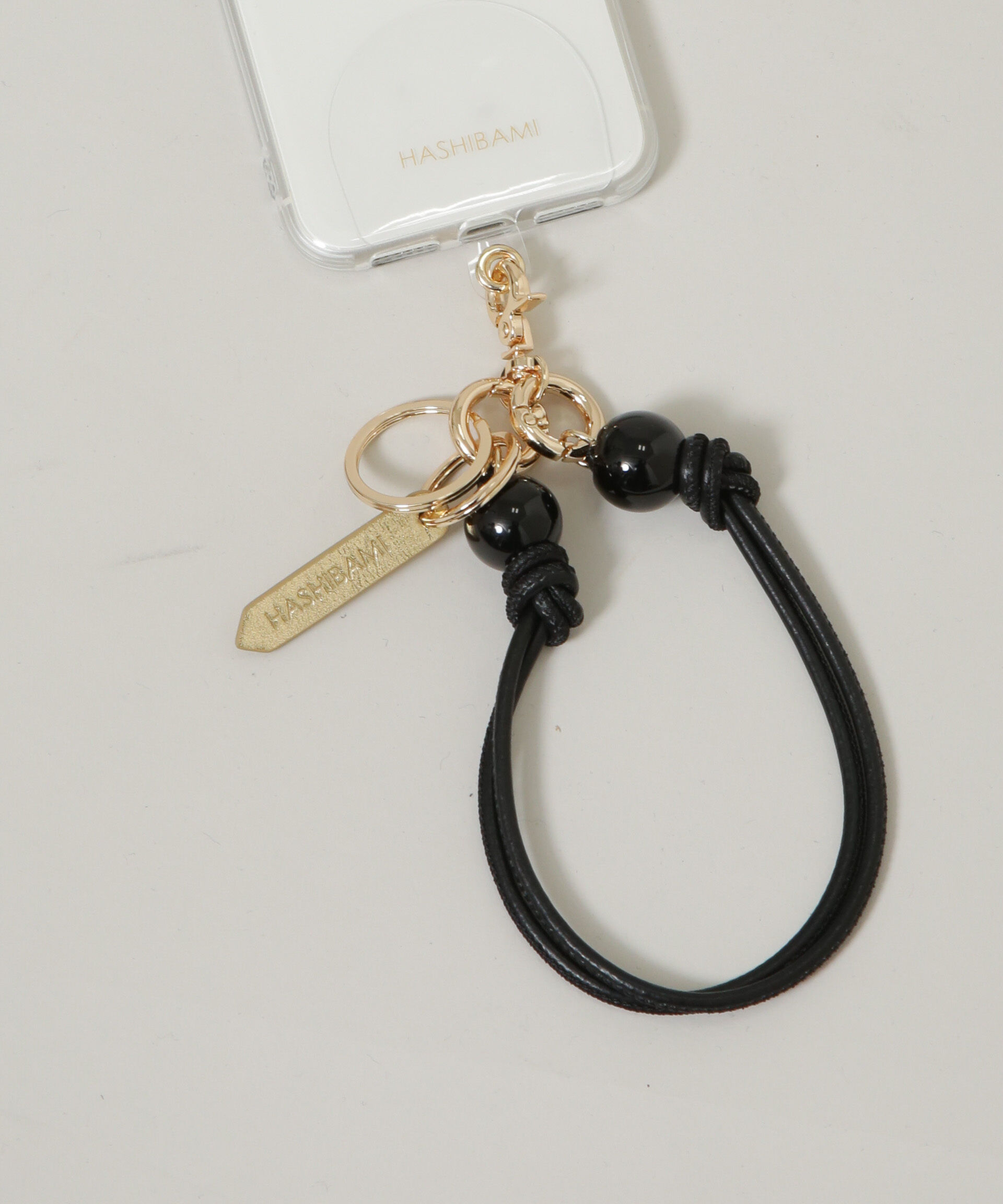 nano･universe「HASHIBAMI/大玉天然石 &times;レザー スマホハンドストラップ」|その他|ブラック