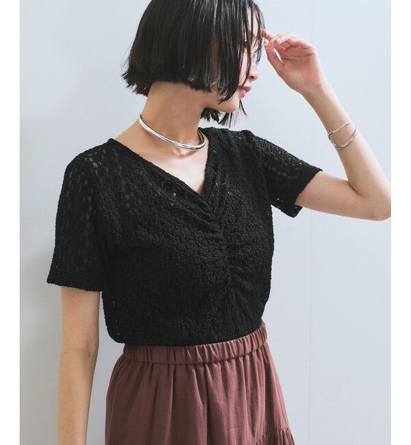 VIS「【WEB/一部店舗限定】胸ギャザーレースプルオーバー」|Tシャツ・カットソー|