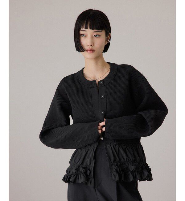 ADAM ET ROPE'「【サステナブル】ギャザーフリルコンビカーディガン」|カーディガン|ブラック(01)