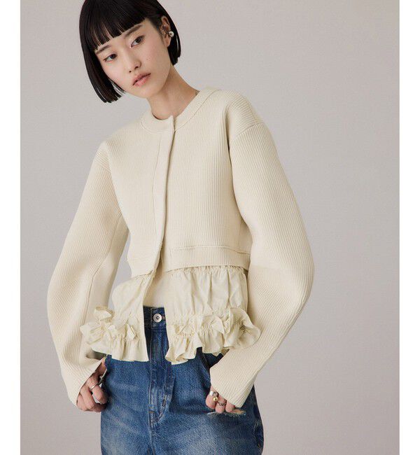 ADAM ET ROPE'「【サステナブル】ギャザーフリルコンビカーディガン」|カーディガン|