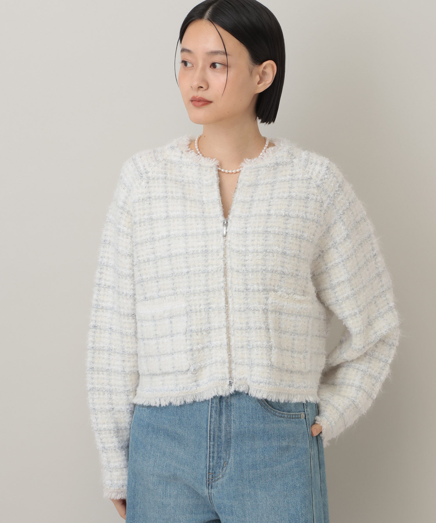  「【セットアップ対応】ツィードニットZIPカーディガン」|カーディガン|オフホワイト