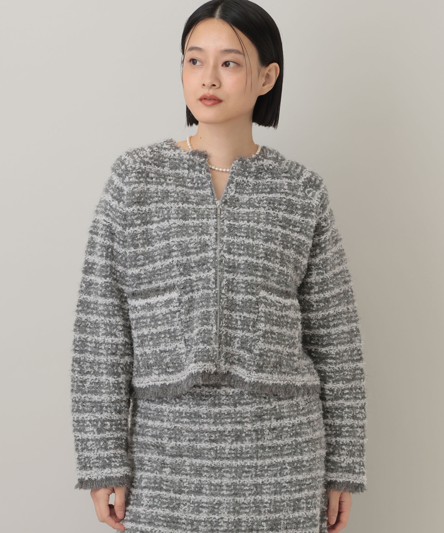  「【セットアップ対応】ツィードニットZIPカーディガン」|カーディガン|グレー