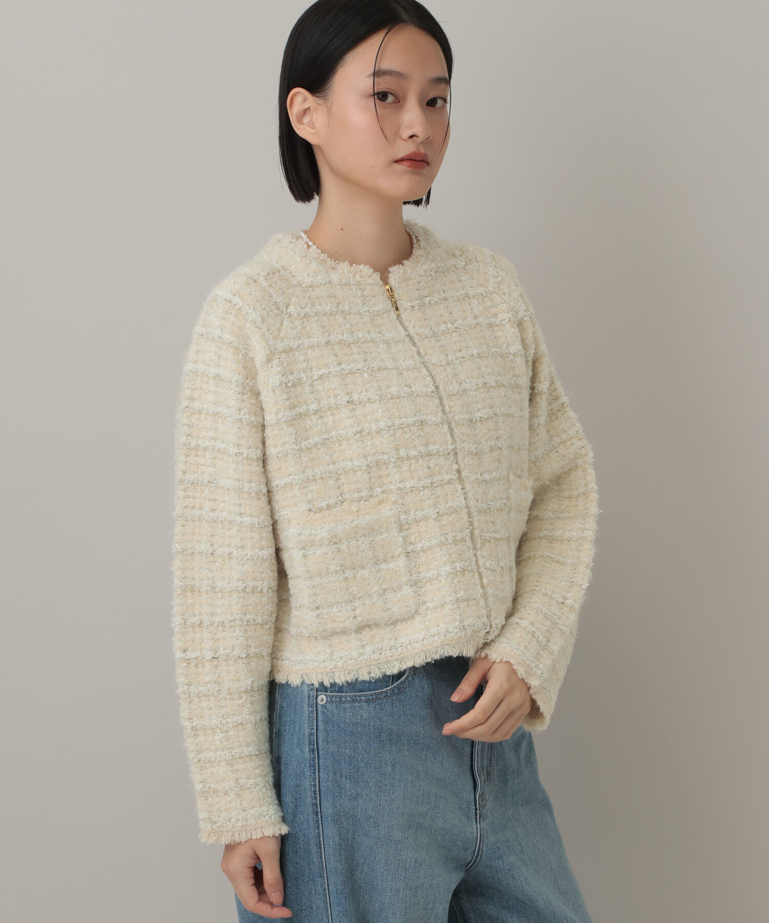  「【セットアップ対応】ツィードニットZIPカーディガン」|カーディガン|ベージュ