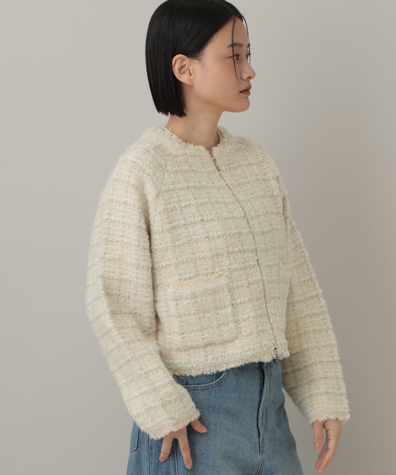  「【セットアップ対応】ツィードニットZIPカーディガン」|カーディガン|