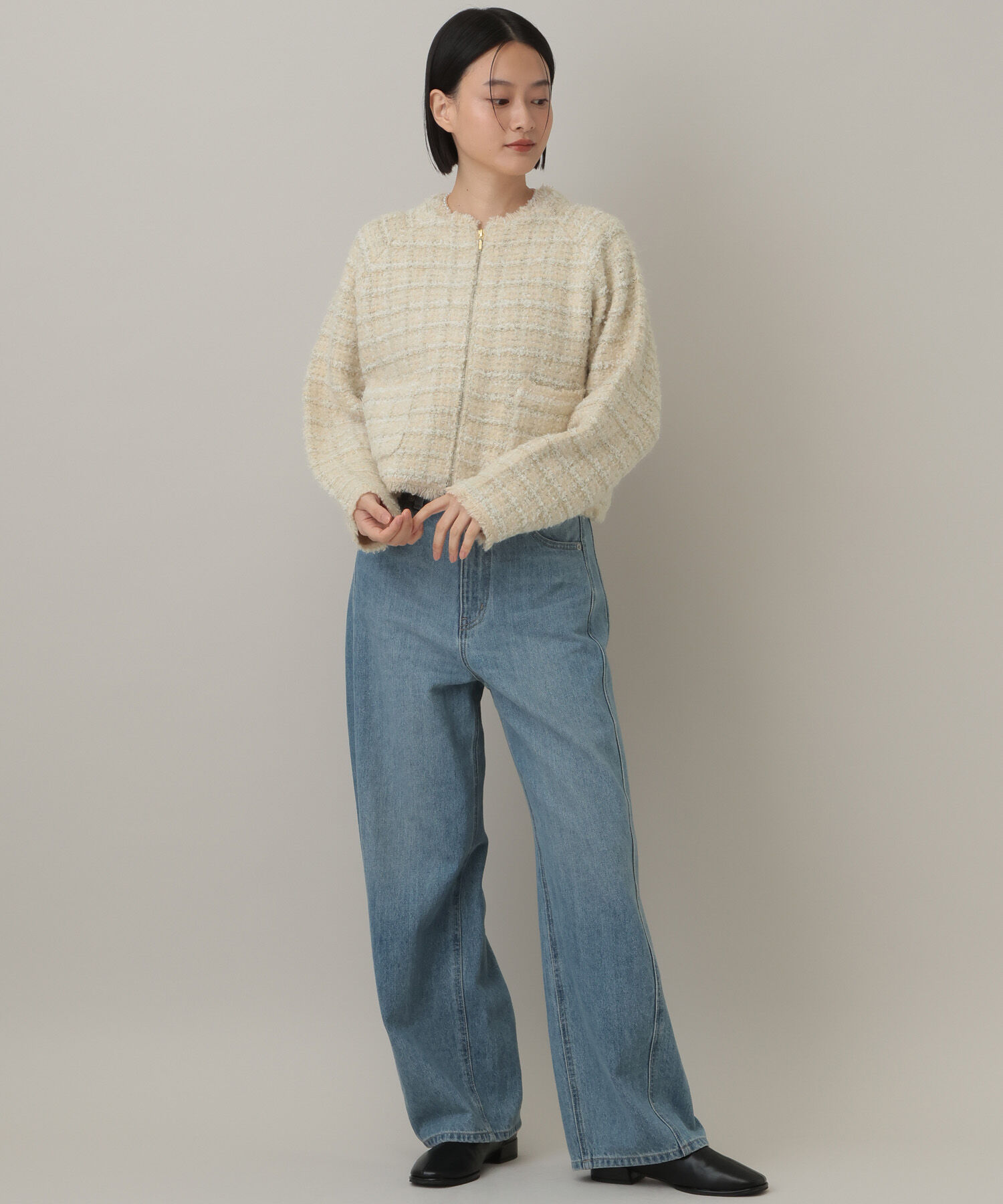  「【セットアップ対応】ツィードニットZIPカーディガン」|カーディガン|