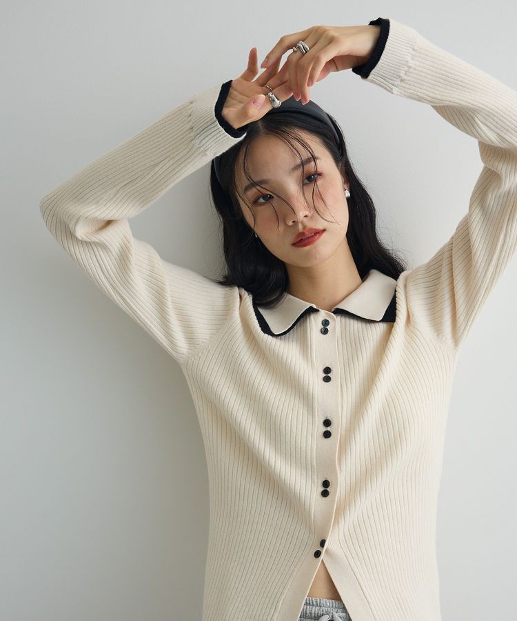 AnriettMusee「配色レイヤードポロリブニットカーディガン」|ニット・セーター|