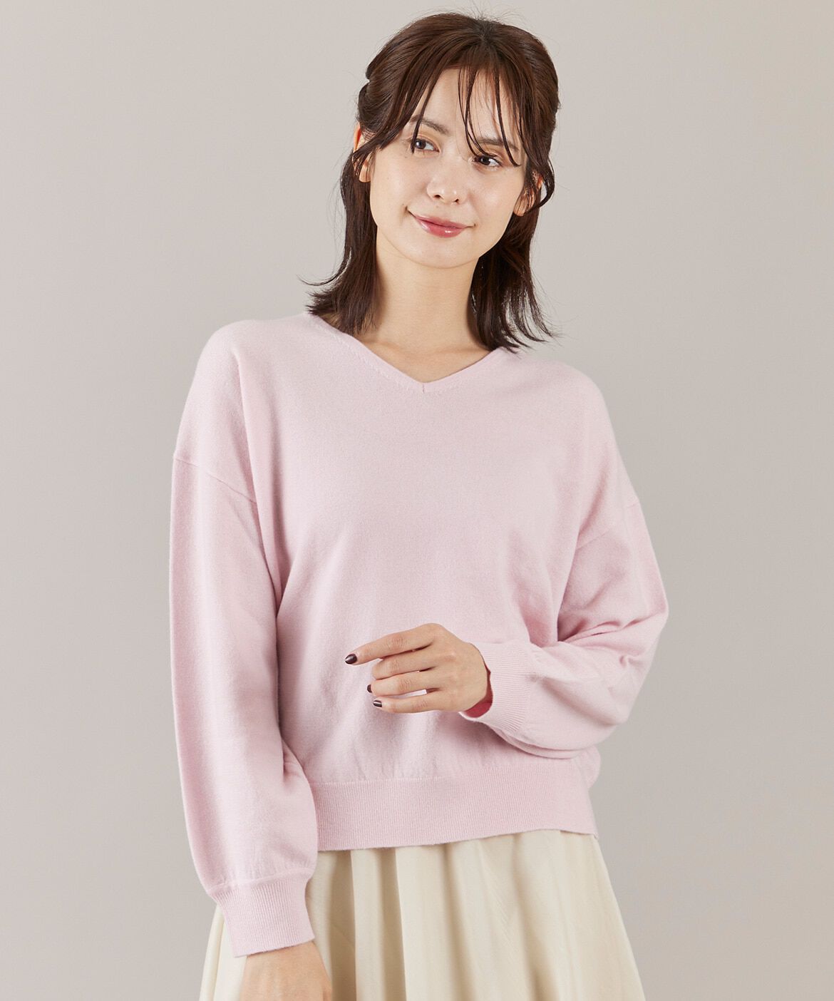 INED「ウール100%Vネックニット」|ニット・セーター|ピンク1
