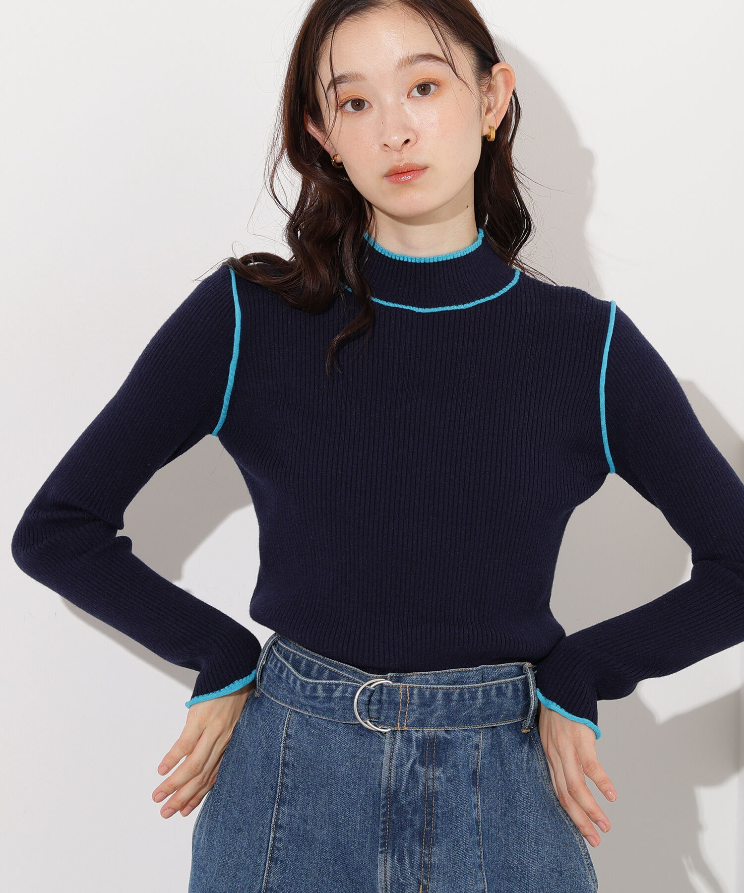  「ラインモックネックニット」|ニット・セーター|ネイビー2