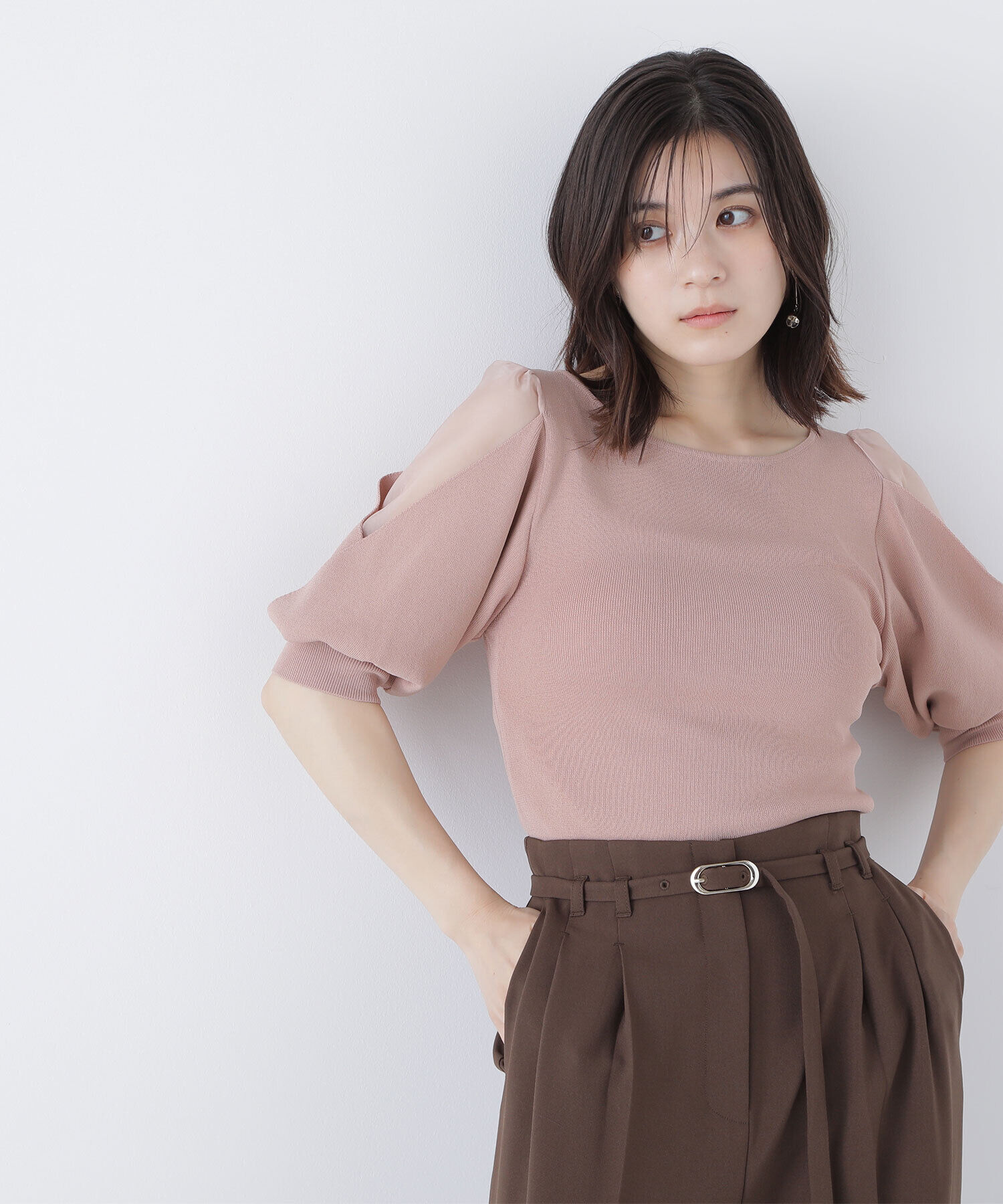  「シアーレイヤースリーブニット」|ニット・セーター|ピンクベージ