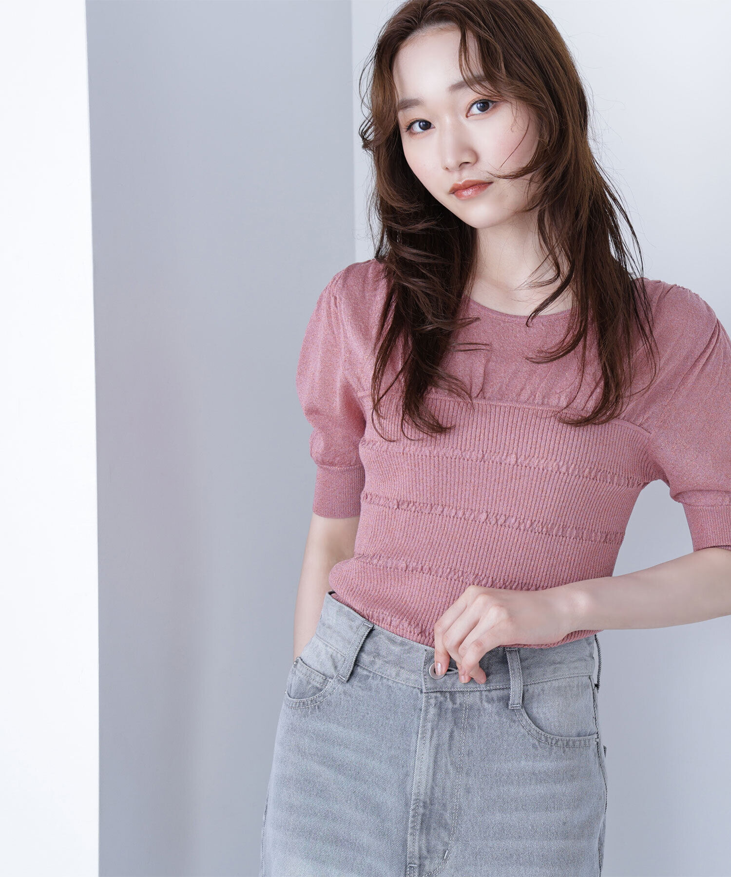  「切替ラメリブニット」|ニット・セーター|ピンク