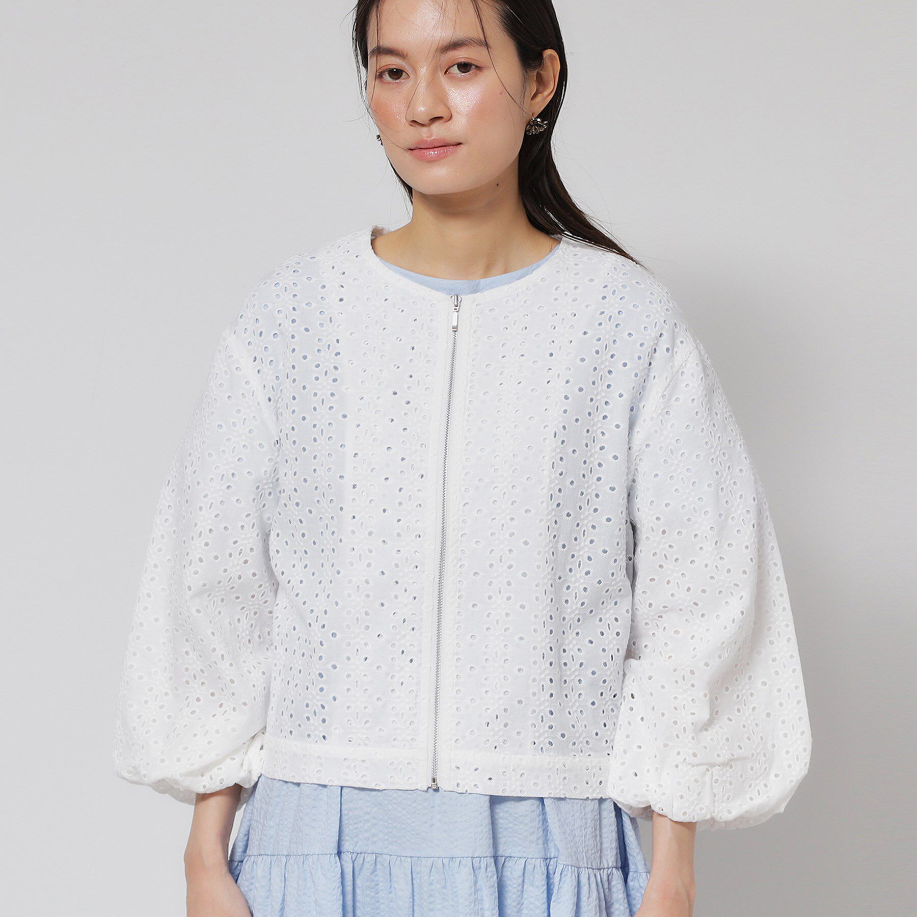 SunaUna「【使えるモノトーン／パフスリーブ】レースブルゾン」|ブルゾン・スタジャン|