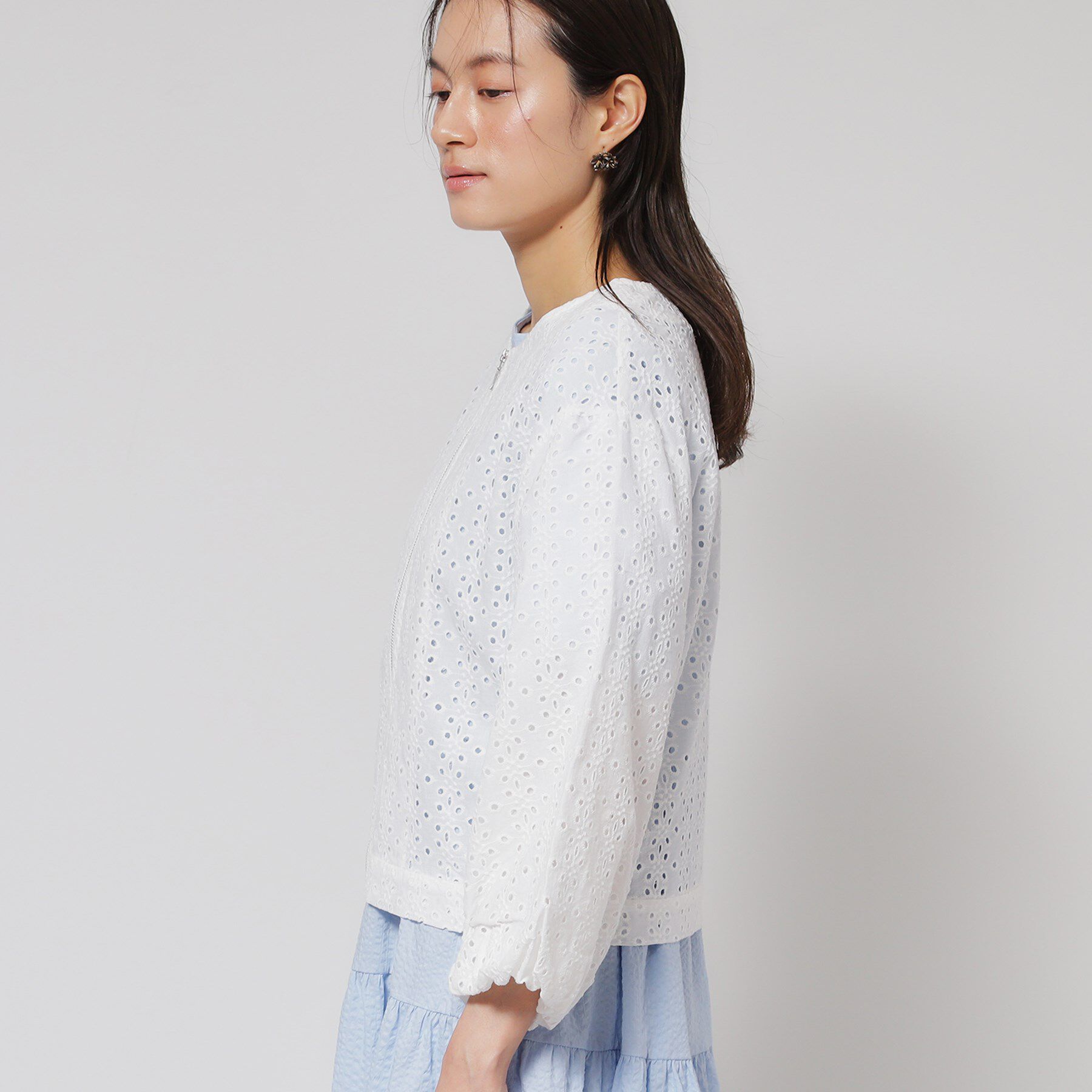 SunaUna「【使えるモノトーン／パフスリーブ】レースブルゾン」|ブルゾン・スタジャン|